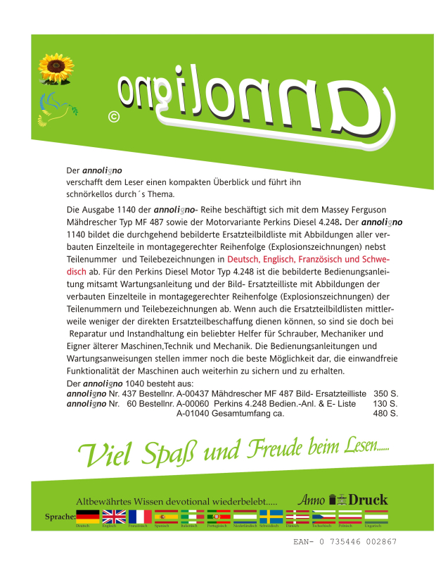 Massey Ferguson Mähdrescher Typ MF 487 & Perkins 4.248 Bild Ersatzteilliste mit Explosionszeichnungen in 4 Sprachen - annoligno 1140